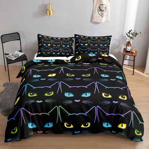 HOSIMA Bettbezug-Set für Jungen und Kinder, Schwarze Katze Gedruckt Bettbezug mit 2 Kissenbezügen Geeignet Als Schlafzimmerdekoration (Schwarze Katze M)
