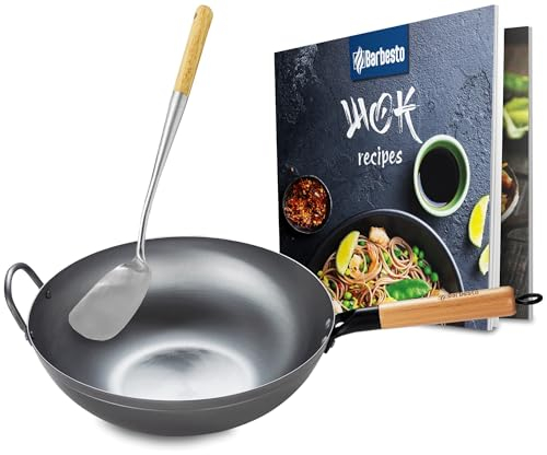 CLP Juego de Wok con libro de recetas y espátula I Sartén Wok de acero al carbono para diferentes tipos de cocina, Forma:plano
