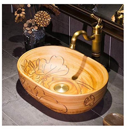 Éviers à Poser, Lavabo de Salle de Bain au-Dessus du comptoir Lavabo de Salle de Bain au-Dessus du comptoir Lavabo de comptoir Ovale en Porcelaine Imitation Bois