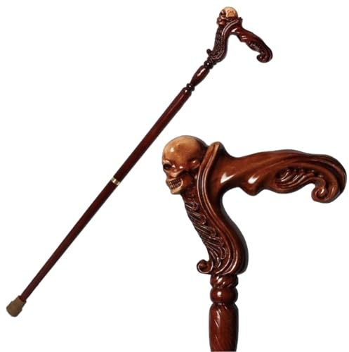 Gehstock, Gehstock, Kunst-Holzstock, Klapp-Gehstock, Totenkopf-Gehstock, geschnitzter Holzstock, kraftvoller Gehstock, Geschenk for Eltern, 95 cm