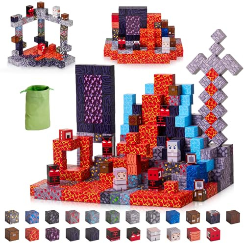Gleamkid Magnetische Bausteine, 115 Stück Magnetische Blöcke,Magnet bausteine Baue Lava Fluss, Vulkan, Dinosaurier Welt Abenteuer Block Spiel für Jungen und Mädchen ab 3 Jahren