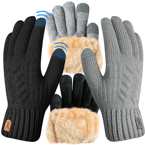 TirEurt Winterhandschuhe Herren mit Fleecefutter, 2 Stück Touchscreen Warme Handschuhe Gedehnt Strickhandschuhe, Thermohandschuhe Wintergeschenke für Laufen Radfahren Outdoor Sport, Schwarz Grau