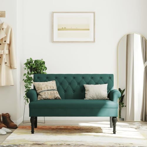 Myheimly Sitzbank mit Rückenlehne Dunkelgrün 120x62x75,5 cm Stoff, Bank Polsterbank mit Rückenlehne Armlehnen, Bettbank mit Holzbeinen, Flurbank Ottomane für Wohnzimmer Büro, Modern