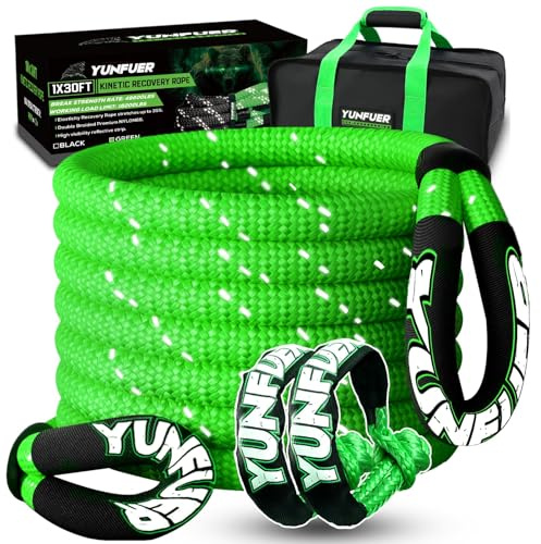 YUNFUER Kinetisches Abschleppseil (22 kg) mit 2 weichen UHMWPE-Schäkeln (22 kg), robustes Offroad-Wiederherstellungsseil-Set für LKW, SUV, UTV, ATV, Traktor, Auto, Jeep (grün)