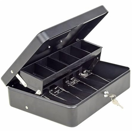 registrazione cassa con chiavi, cassetto cassa, Cassetto portadenaro con inserto for denaro, cassetta portadenaro in acciaio di medie dimensioni con serratura, cassetta portadenaro di medie dimensioni