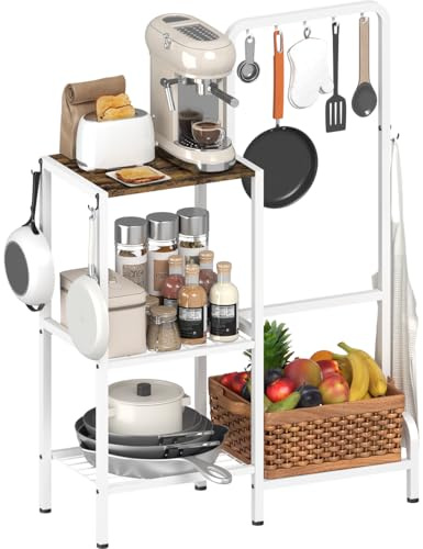 mocomax Kitchen Stand Shelf with Storage, 3-Tier Utility Baker's Rack for Spices, Adjustable Coffee Bar Station with 8 Hooks, Space-Saving Microwave Oven Stand for Pots, Pans & Utensils, White