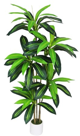 Artificial Dracaena Tree 5FT - Fake Plants Tree with White Planter - Faux Yucca Tree Tall with Lifelike Trunk and Leaves in Pot - Dracaena Artificial Plant for Home Office Living Room Decor
