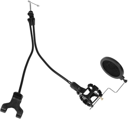 Black Dual Gooseneck Phone Microphone Stand for Live Streaming | Desktop Use, Angle and Height Adjustment, Universal Phone Fit, Pop Filter Included
