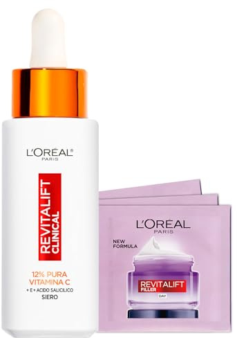 L'Oréal Paris Revitalift Clinical Anti-Aging Gesichtsserum mit 12% reinem Vitamin C Salicylsäure und Vitamin E 30ml + Revitalift Filler Anti-Aging Tagescreme Bundle Routine - Set mit 4