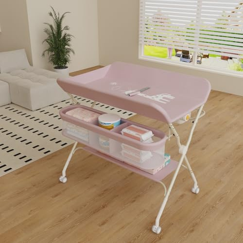 Table à Langer, Pliable, Réglable en Hauteur, Jusqu'à 15 kg, 0-36 Mois, Organiseur de Couches, sur 5 Niveaux Poubelle Panier de Rangement Etagère, pour Chambre de Bébé,75 * 68 * 83-91cm (A) Rose