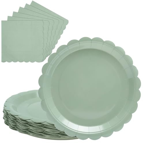 HENGBIRD Lot de 30 assiettes en carton vert sauge avec 25 serviettes vertes de 22,4 cm - Assiettes à dessert en carton - Idéales pour les fêtes d'anniversaire, les mariages, les fêtes prénatales