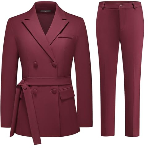 Lamgool Women Double Breasted Suit with Belt Business Casual 2 Pcs Blazer Jacket with Pants Set (WineRed, XL)