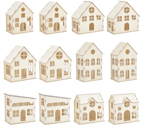 PH PandaHall 12 Stück DIY Weihnachtsdorf Sets Unfertige Holzhäuser Zum Basteln 6 Stile Mini Unmontiertes Haus Für Die Innenlandschaft Feiertags Party Dekoration