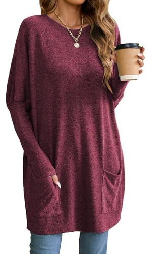 Famulily Women Crew Neck Sweatshirts Long Sleeve Pullover T Shirt Loose Fit Lightweight Sweater Batwing Tunics Wine XL