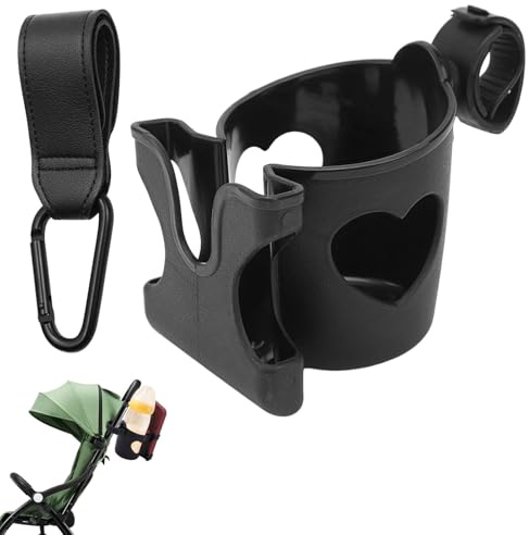 Pram Cup Holder Universal,Black Stroller Cup Holder for Pram with Phone Holder and Baby Stroller Hooks,Bike CupHolder for Pram Buggy Bike