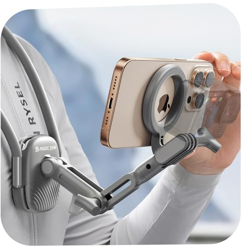 MAGIC JOHN Magnetic Neck Mount for Phones/Action Camera, Neck Cell Phone Holder POV/Vlog Selfie Mount Chest Stand Strap Video Recording for iPhone Samsung Phones AKASO/Go Pro/Insta360X5/DJI360 Camera