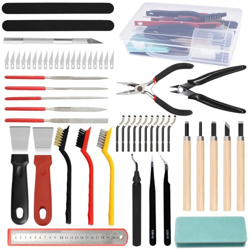 56 Stück Entgrater 3D Druck Kit, 3D Drucker Werkzeug mit Düsenreinigungsset,Schnitzset, Entgrater Werkzeug, Feilen-Set, Reinigungsnadeln, Seitenschneider Klein, Deburring Tool für Reinigung Wartungs