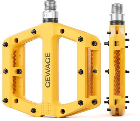 Mountain Bike Pedals 9/16 Inch - Bicycle Flat Pedals with Reflectors - Lightweight Nylon Fiber Wide Platform Pedals for Mountain Bike, BMX, Road Bike Pedals (Yellow)