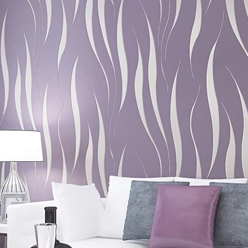Baketron Purple Wallpaper Non-Woven 3D Embossed Wallpaper Silver Glitter Wave Stripes Wall Paper Roll Feature Wave Stripe Modern Geometric Patterned for Living Room Bedroom Kitchen Hallway