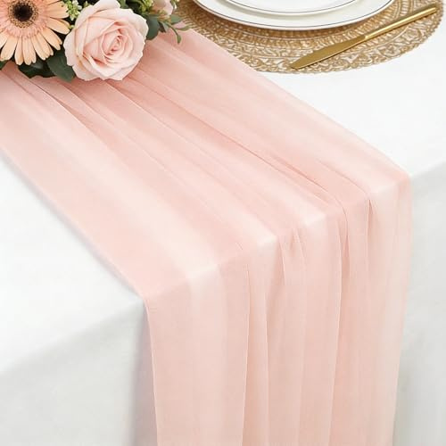 Runner de Tavolo Rosa Chiaro in Chiffon, 77 X 300 CM Morbido e Confortevole Runner de Tavolo Moderno Tulle per Matrimoni, Battesimi, Baby Shower, Addio Al Nubilato, Decorazione da Tavolo in Cucina