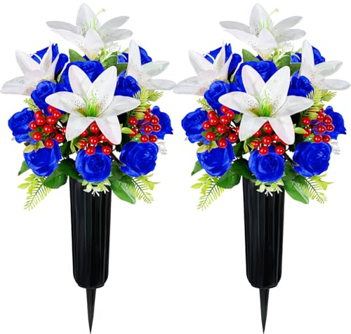 Velibobo Artificial Cemetery Flowers with Vase, Set of 2 Rose Lily Bouquet Graveside Decoration, Artificial Memorial Flowers for Easter Mother's Day Arrangements