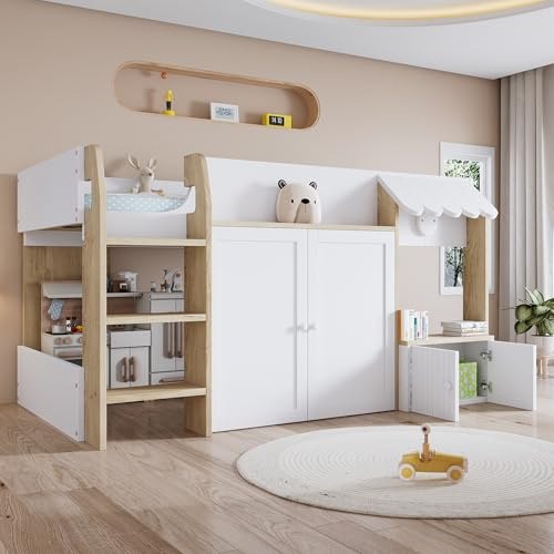 Gelukueub‌ 3ft Single High Sleeper Wooden Bed (90x190cm), Three-Step Ladder + Storage Cabinets, Pine + MDF + Plywood, White Finish, Space-Saving Kids Furniture