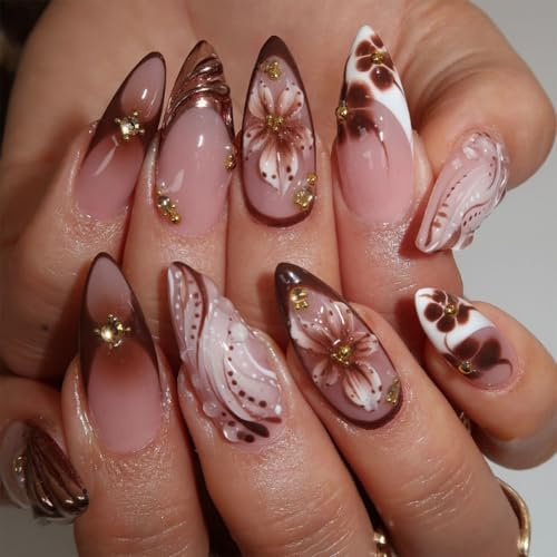 OuryTech Press On Nails Almond, 24 Pieces of Stick-On Artificial Nails, Almond Press Ons with 5D Flowers, Rhinestones and Glossy Brown Design for Women (Type A)