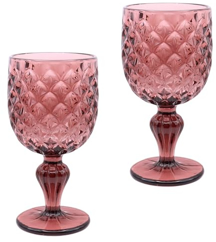 Elvida Interiors Wine Glass Embossed Vintage Goblets Alfresco Dining Glassware Kabri Purple Set of 2