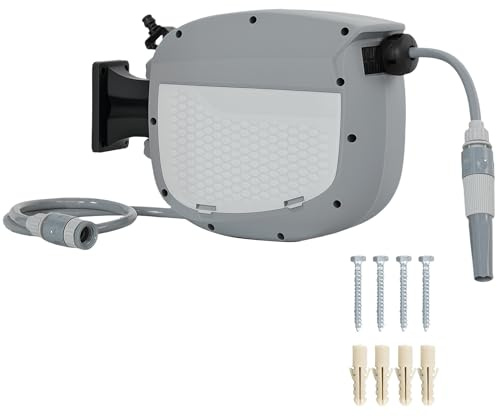 Outsunny Enrollador de Manguera para Jardín 10+1 m con Boquilla de 2 Modos, Carrete de Manguera de Jardín de Pared con Bloqueo Automático y Retracción Controlada, Soporte Orientable 180°, Gris