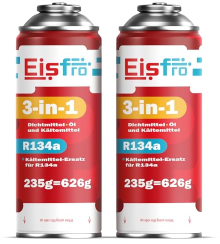 Eisfro - Gas refrigerante 3 in 1 R134a di ricambio - per climatizzatori auto con sigillante e olio - Bombola di gas 2 x 235 g - Climatizzatori per camper - ECO