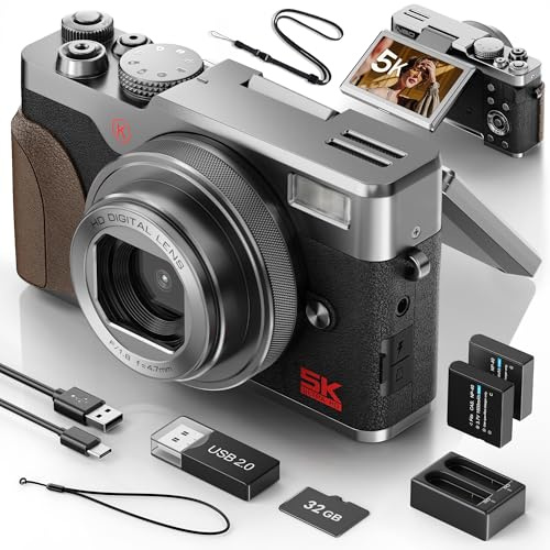 NBD 5K Digital Camera 64MP with Autofocus & 180° Flip Screen, Compact Vlogging Camera with WiFi, 18X Zoom, 2 Batteries, 64GB Card, YouTube Camera for Beginners (Silver)