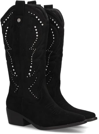 Botas Cowboy de Mujer Estilo Western, con Cana Alta, Bordados, Tachuelas metalicas, Tacon Ancho Medio y Punta Fina. Ideal para Otono e Invierno.