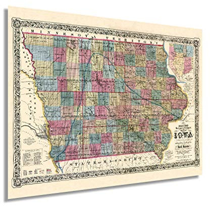 HISTORIX Vintage 1856 Iowa State Map Poster - 18x24 Inch Vintage Map of Iowa Wall Art Print - Exhibiting Iron Lead Copper Coal Rail Roads and Other Geological Resources - Iowa Wall Decor