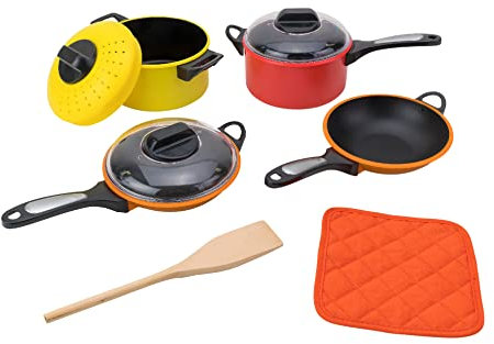 Globo Toys - Cookware Set, Frying Pan, Ladle with Lids and Potholders, 9 Pieces, Multicoloured - W'Toy 40726