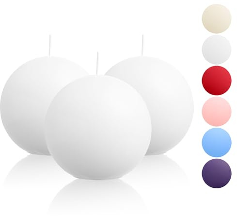 Ball Pillar Candles Set of 3 White 3Inch Unscented Handpoured Weddings, Home Decoration, 75 Hour