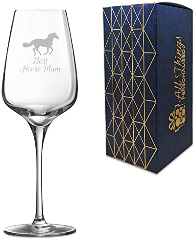 Engraved Novelty Wine Glass with Best Horse Mum Design, Laser Engraved, Gift Box Included, Gift for Mum, Birthday Gift, Horse Lover Gift, Funny Horse Gift, Add an Optional Personalised Message