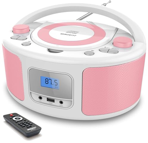 Poste CD Enfant, WISCENT Radio FM Lecteur CD Portable Boombox (avec Bluetooth,Radio FM,USB,AUX,Prise Casque) Lecteur CD Enfant