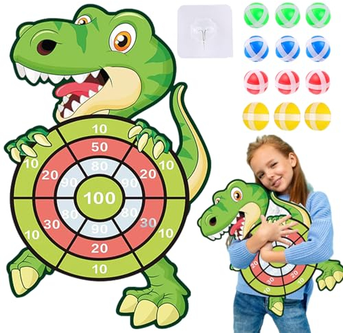 POHOVE Dinosaurier-Spielzeug für Kinder, Klettverschluss-Dartscheibe mit 12 klebrigen Kugeln, Indoor und Outdoor hängende Dart-Wurfspiel-Sets Geburtstagsgeschenke für Kinder