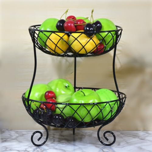 JUNYFFF Frutero, Fruteros De Cocina Modernos 2 Pisos Cesta De Frutas Y Verduras Cesta De Frutas De 2 Capas De Canasta De Alambre De Metal Estante para Almacenar Frutas, Pan,Negro