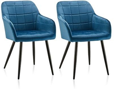 ZBAOLTO Esszimmerstühle 2er Set Samt, Grid-Design-Armlehnstuhl Küchenstuhl Polsterstuhl Wohnzimmerstuhl mit Armlehnen Rückenlehne Metallbeine, für Esszimmer Wohnzimmer Küche, Blau