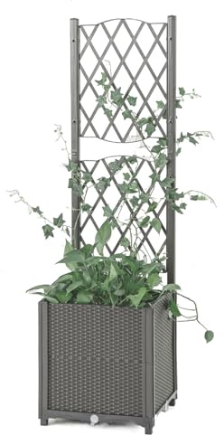 GOPLUS Jardinière Surélevée avec Treillis en Rotin PP, Bac à Fleurs avec Système d'Irrigation et Trous de Drainage, pour Plantes Grimpantes, Installation DIY (Gris,40x40x140cm)