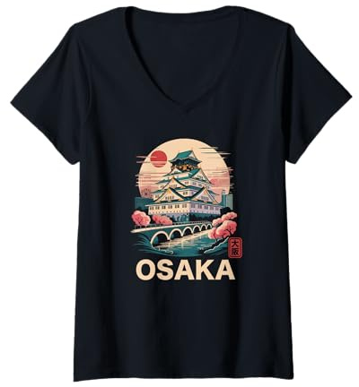 Mujer Osaka Japón Castillo Viaje Arte Vintage Osaka Kanji Souvenir Camiseta Cuello V