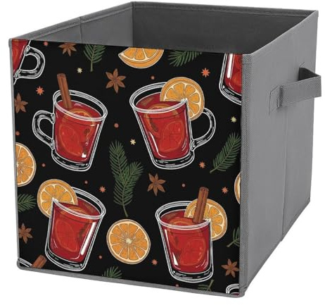 MEIKKO Collapsible Fabric Storage Cubes Mulled Wine Cups Citrus Organizer with Handles Closet for Shelves,Foldable,Clothes,11 Inch