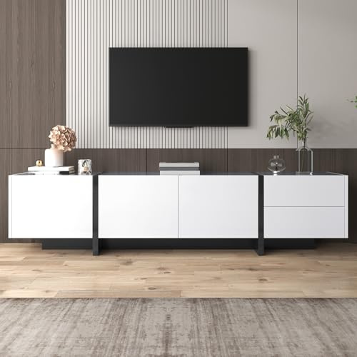 XQJLSL Mueble de TV Alto Brillo con 3 Puertas 2 cajones Panel de televisión con Espacio de Almacenamiento tablón bajo para salón Comedor Dormitorio Armario de TV cómoda Blanca de 190x35x45cm