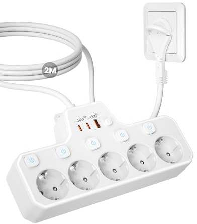 Regleta Enchufe Plano,Regleta 5 Tomas con USB C PD20W Carga Rápida,2M Cable | Enchufe Multiple Pared con Interruptor Individual,Ladron Extraplano con Alargador,Protección Sobretensión,Hogar Oficin,Blanco