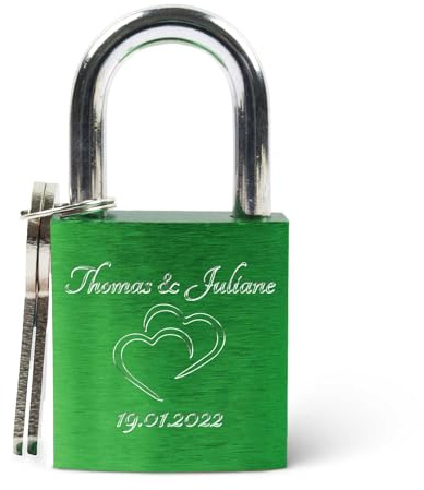 GRAVURZEILE Liebesschloss mit Gravur und Schlüssel - Personalisiertes Schloss - Personalisierte Geschenke für Ihn & Sie zum Valentinstag - Valentinstagsgeschenk für Frauen und Männer - Grün