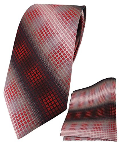 TigerTie Designer Krawatte Designer Einstecktuch in rot dunkelrot weinrot silber grau schwarz kariert - Krawattenbreite 8 cm