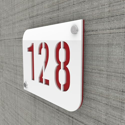 DECOHO - Plaque numéro de Rue Personnalisable - Plaque Maison PMMA Blanc Design - Découpe Laser, entretoises INOX 15 mm - 20x15 cm, épais - Rouge