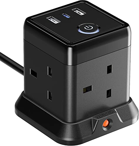 Hulker Cube Extension Lead with USB C (20W PD), 4 Way Multi Plug Socket with 3 USB Slots, Mountable Power Strip with Switch Overload Protection 3250W 13A 1.5M
