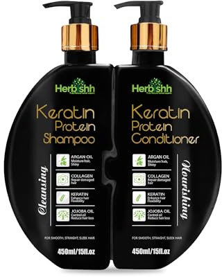Herbishh Keratin Shampoo and Conditioner Set – Hydrating Keratin Shampoo & Nourishing Conditioner for Dry Damaged Hair – Sulfate Free – Plant Based Keratin Shampoo Conditioner – Safe & Effective